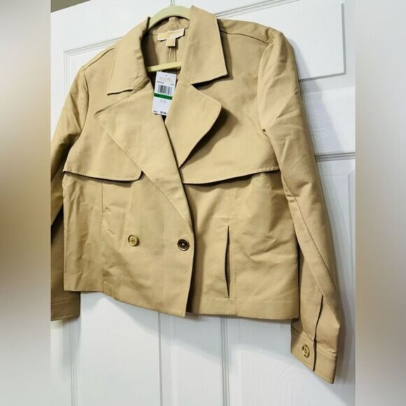 NWT Michael Kors Cropped Double-Breasted Cotton Trench Coat Khaki Women’s Sz L - Picture 6 of 15